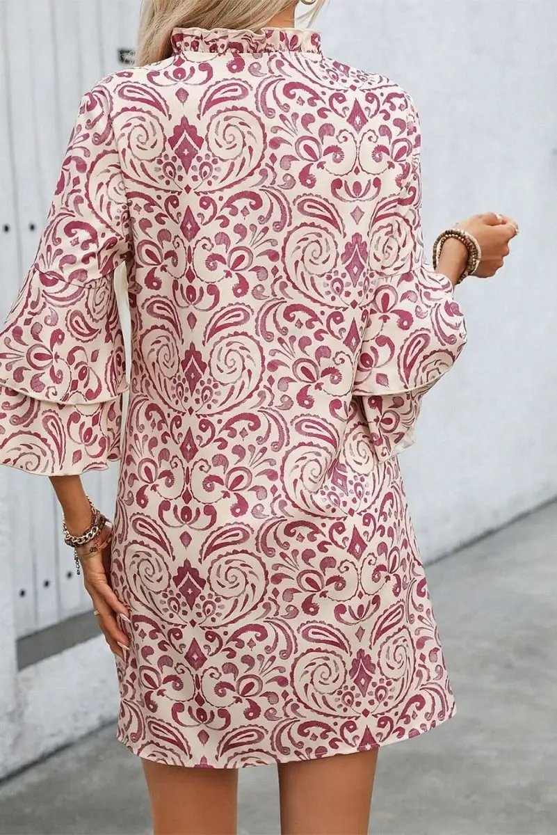 Pink Paisley Print Tiered 3/4 Sleeve Notched Neck Mini Dress - Love Salve